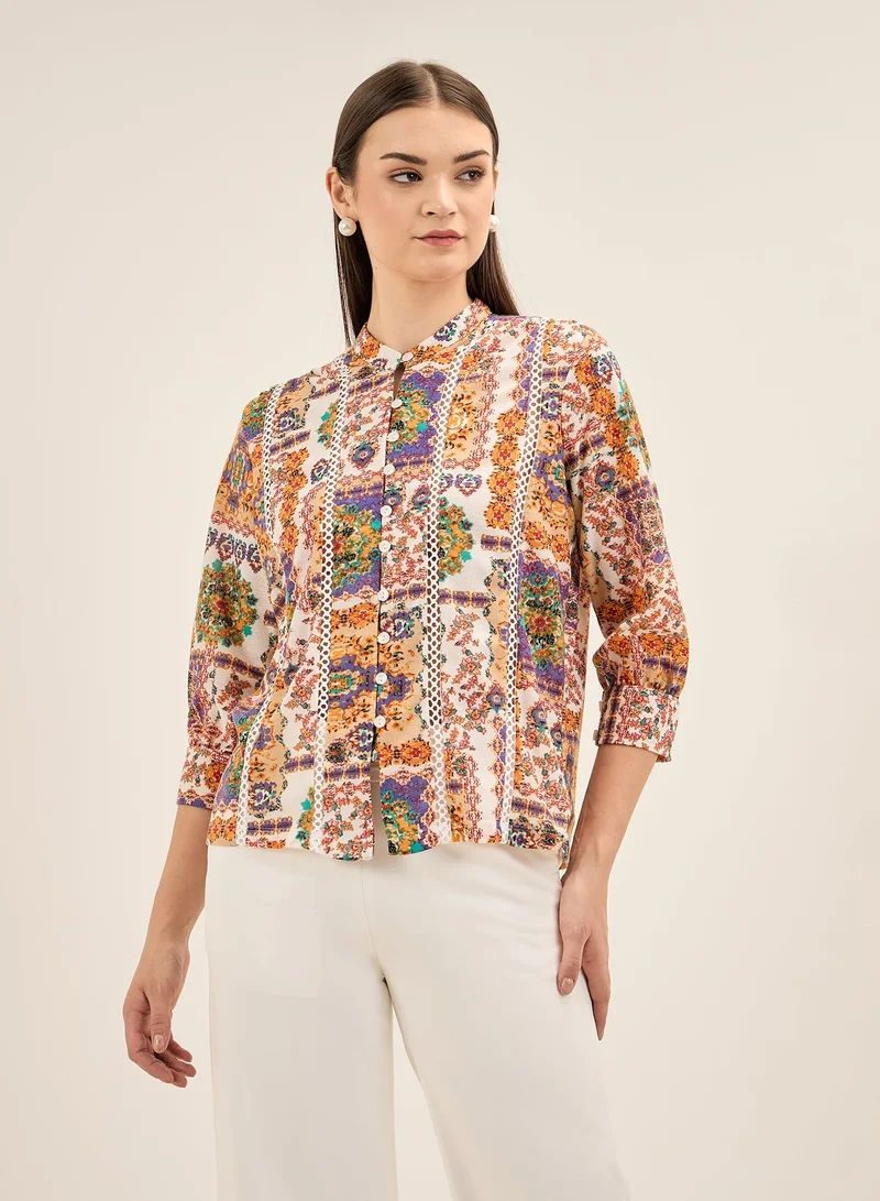 Salt Attire Women's Multi-Color Bohemian Pattern Top with Band Collar, Button Down Opening, Lace Insert Detail, and 3/4th Length Cuffed Sleeves for Effortless Boho-Chic Style