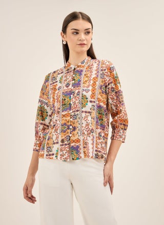 Women's Multi-Color Bohemian Pattern Top with Band Collar, Button Down Opening, Lace Insert Detail, and 3/4th Length Cuffed Sleeves for Effortless Boho-Chic Style - pzsku/Z2D6D7D64187F3A253918Z/45/_/1732191917/3c305adc-43fd-4da6-93a8-a73b66fc1ac8