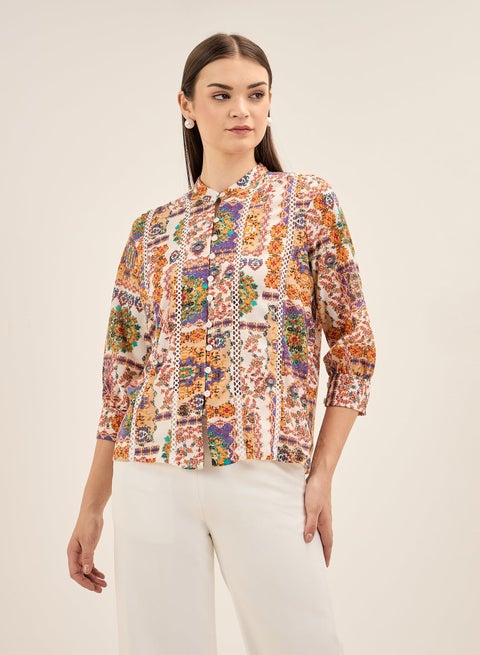 Women's Multi-Color Bohemian Pattern Top with Band Collar, Button Down Opening, Lace Insert Detail, and 3/4th Length Cuffed Sleeves for Effortless Boho-Chic Style