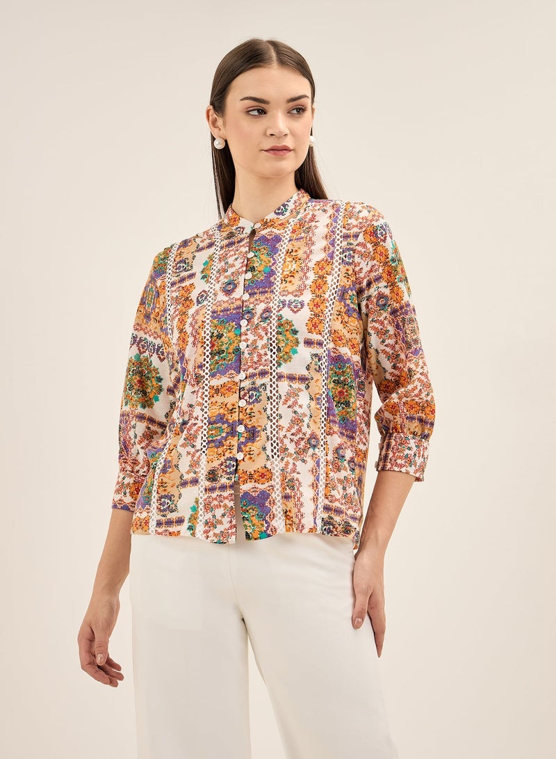 Salt Attire Women's Multi-Color Bohemian Pattern Top with Band Collar, Button Down Opening, Lace Insert Detail, and 3/4th Length Cuffed Sleeves for Effortless Boho-Chic Style  - Image 1