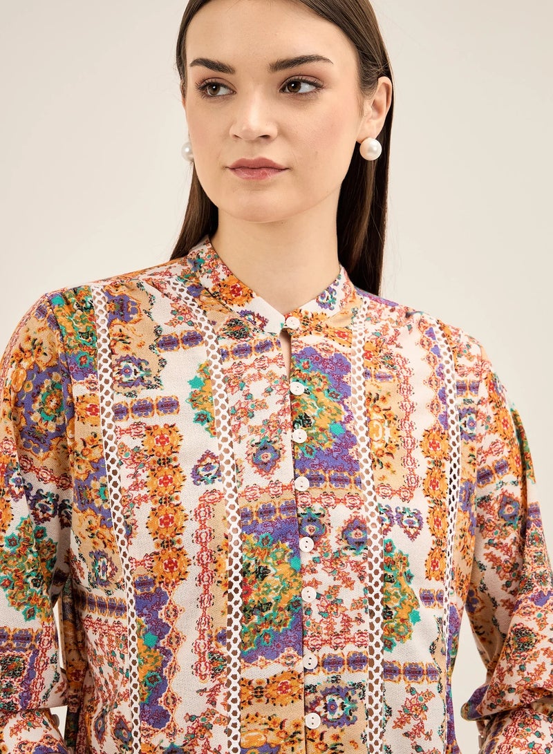 Salt Attire Women's Multi-Color Bohemian Pattern Top with Band Collar, Button Down Opening, Lace Insert Detail, and 3/4th Length Cuffed Sleeves for Effortless Boho-Chic Style  - Image 2