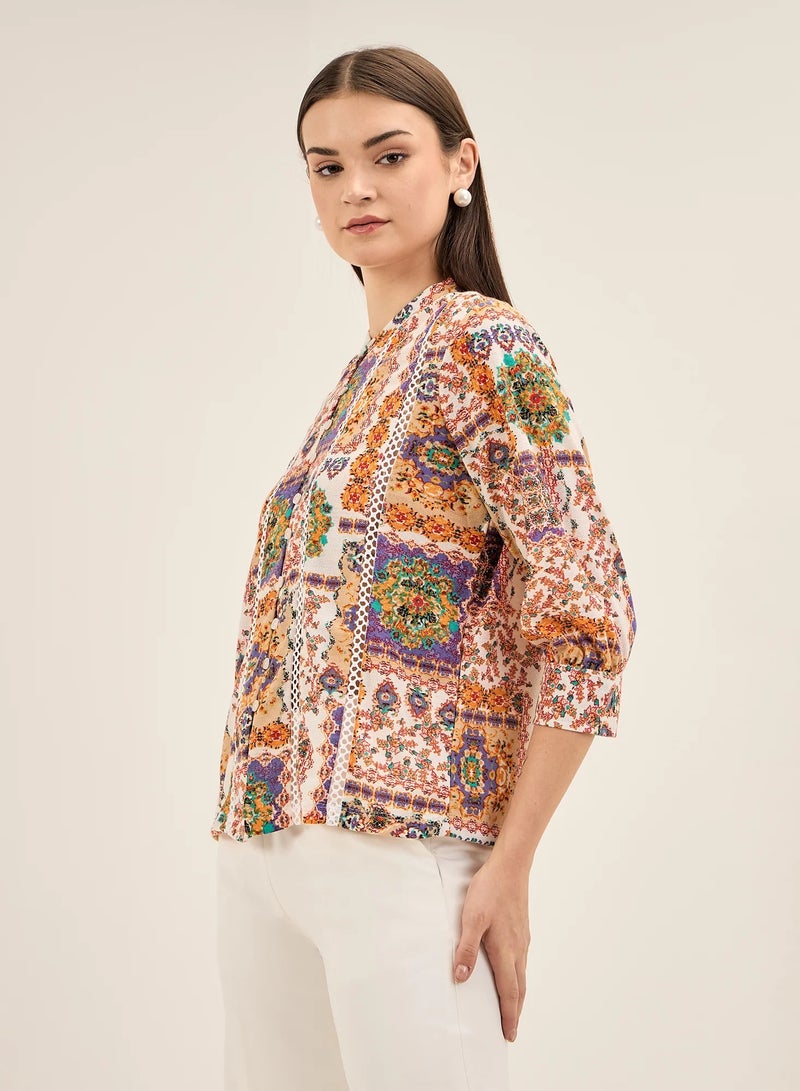 Salt Attire Women's Multi-Color Bohemian Pattern Top with Band Collar, Button Down Opening, Lace Insert Detail, and 3/4th Length Cuffed Sleeves for Effortless Boho-Chic Style  - Image 4