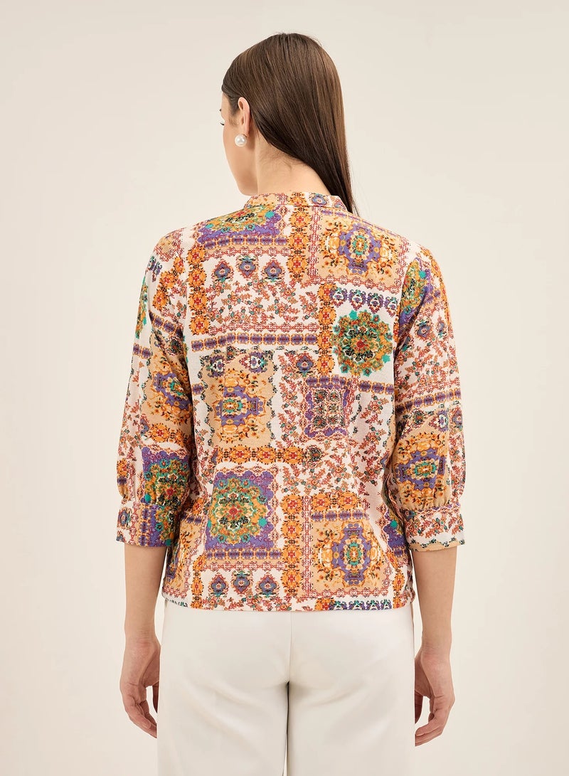 Salt Attire Women's Multi-Color Bohemian Pattern Top with Band Collar, Button Down Opening, Lace Insert Detail, and 3/4th Length Cuffed Sleeves for Effortless Boho-Chic Style  - Image 5