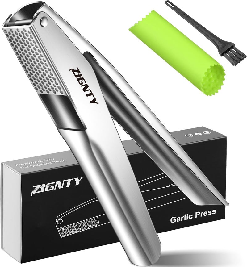 ZIGNTY Professional Garlic Press Stainless Steel, Garlic Mincer No Need to Peel, Large Trough Garlic Crusher, Ergonomic Handle Garlic Ginger Presser Masher, Easy Squeeze Rust Proof Dishwasher Safe - Image 1