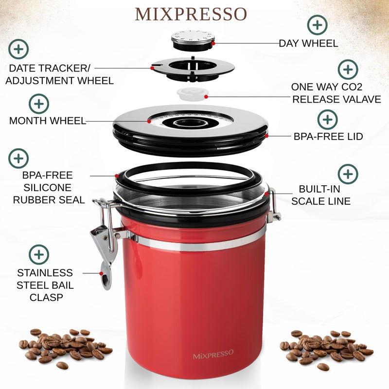 Mixpresso ميكسبريسو 16 أوقية علبة قهوة حمراء، حاوية قهوة محكمة الإغلاق من الفولاذ المقاوم للصدأ، جرة شاي محكمة الإغلاق مع متتبع التواريخ، علبة إسبرسو محكمة الإغلاق بتقنية التفريغ، حاوية سكر للمنزل - Image 3