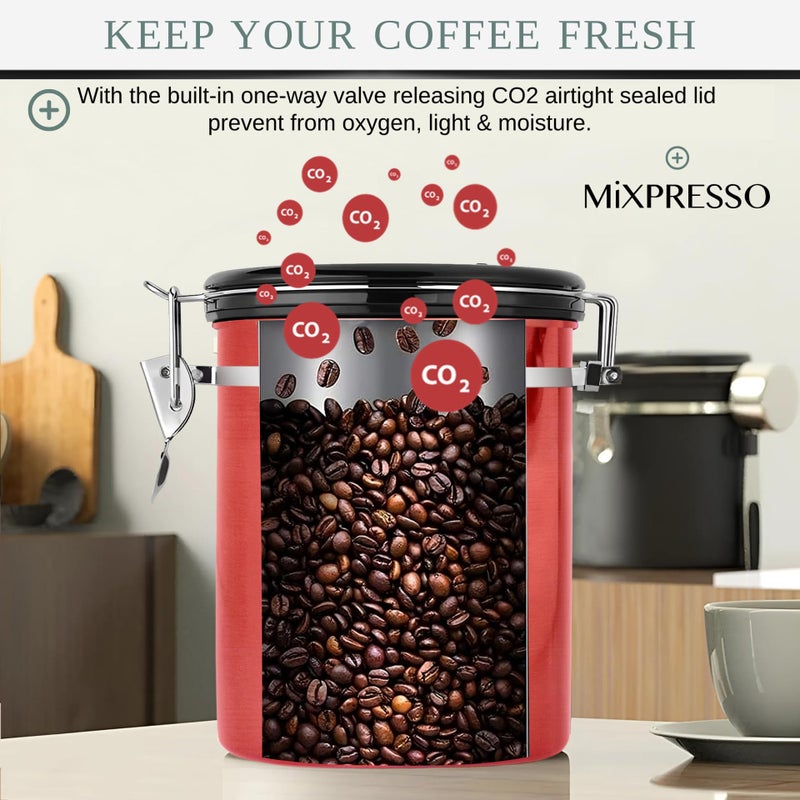 Mixpresso ميكسبريسو 16 أوقية علبة قهوة حمراء، حاوية قهوة محكمة الإغلاق من الفولاذ المقاوم للصدأ، جرة شاي محكمة الإغلاق مع متتبع التواريخ، علبة إسبرسو محكمة الإغلاق بتقنية التفريغ، حاوية سكر للمنزل - Image 4
