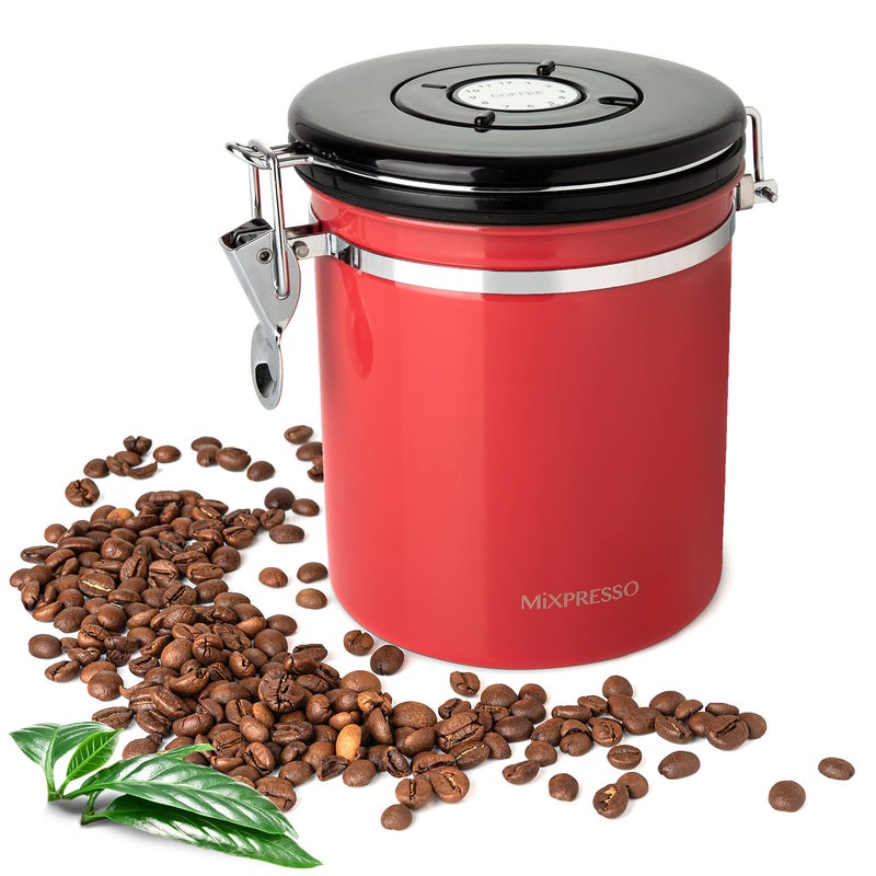 Mixpresso ميكسبريسو 16 أوقية علبة قهوة حمراء، حاوية قهوة محكمة الإغلاق من الفولاذ المقاوم للصدأ، جرة شاي محكمة الإغلاق مع متتبع التواريخ، علبة إسبرسو محكمة الإغلاق بتقنية التفريغ، حاوية سكر للمنزل - Image 1