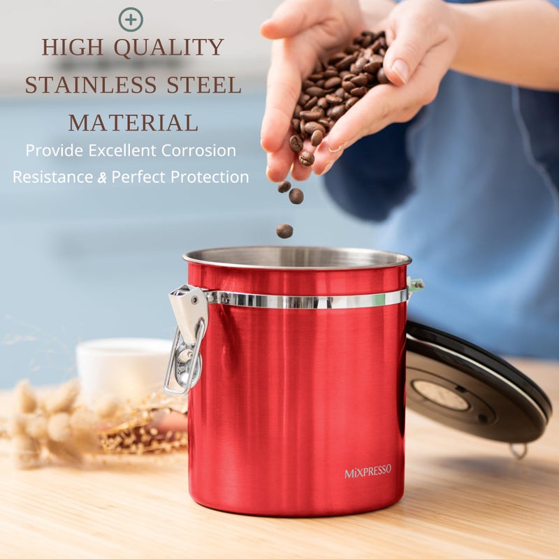 Mixpresso ميكسبريسو 16 أوقية علبة قهوة حمراء، حاوية قهوة محكمة الإغلاق من الفولاذ المقاوم للصدأ، جرة شاي محكمة الإغلاق مع متتبع التواريخ، علبة إسبرسو محكمة الإغلاق بتقنية التفريغ، حاوية سكر للمنزل - Image 5