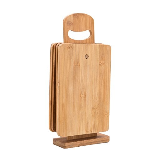 THY COLLECTIBLES Set of 6 Small Bamboo Cutting Boards with Holder Stand Kitchen Chopping Board Serving Tray for Bread Meat Cheese Fruit and Vegetables 875 x 55