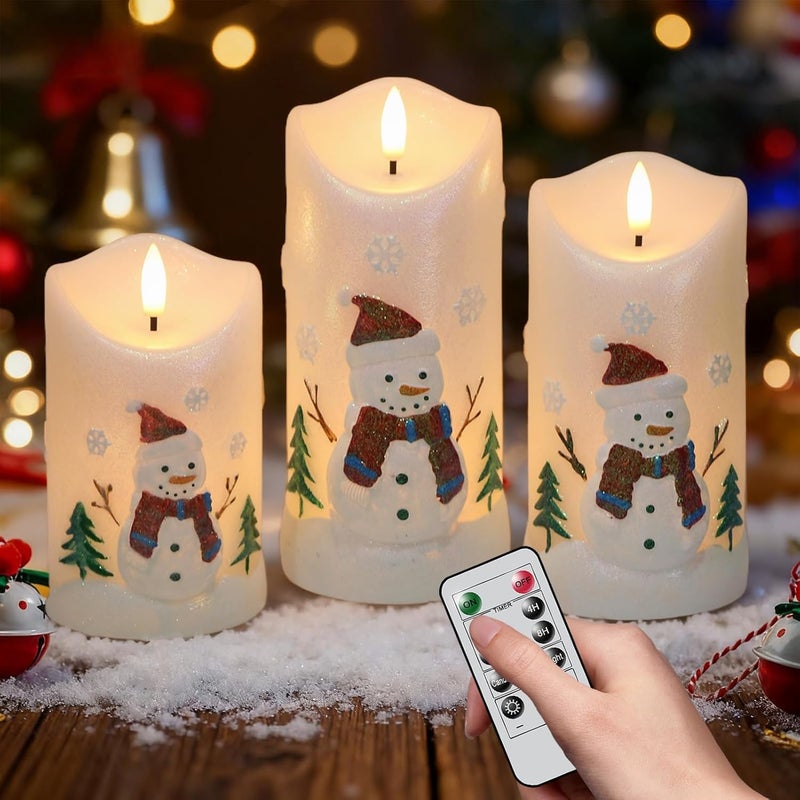 DRomance Snowman Flameless Candles Battery Operated with Remote and Timer Real Wax 3D Wick Flickering LED Pillar Candles Color Painted Carved Snowflake Christmas Holiday Decor(3" D x 5", 6", 7" H) - Image 1