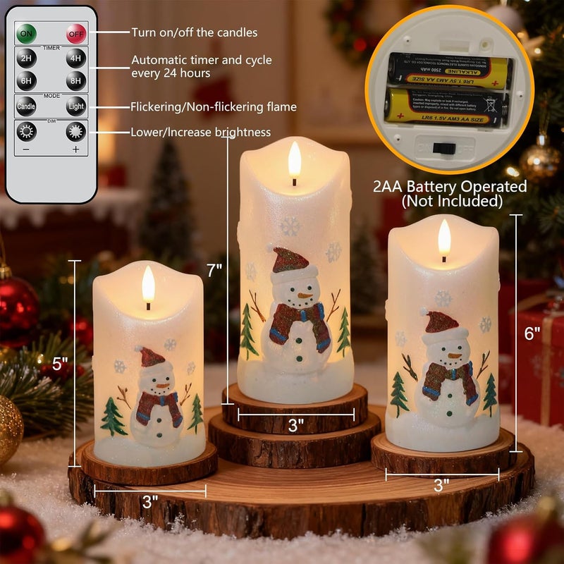 DRomance Snowman Flameless Candles Battery Operated with Remote and Timer Real Wax 3D Wick Flickering LED Pillar Candles Color Painted Carved Snowflake Christmas Holiday Decor(3" D x 5", 6", 7" H) - Image 2