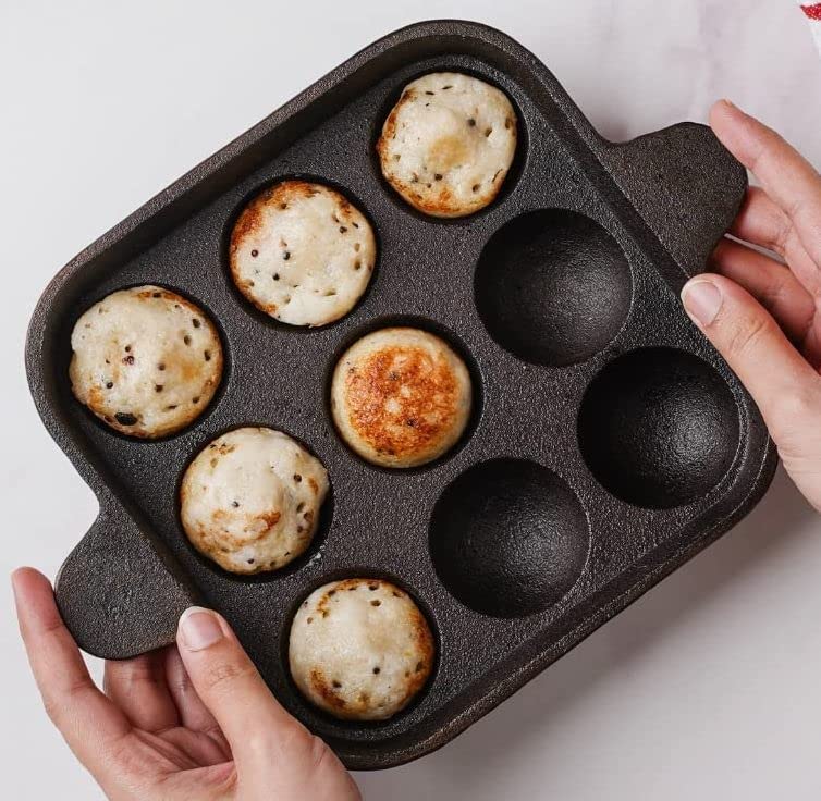 Henny Super Smooth Square Cast Iron Paniyaram Pan Gas Compatible Appam MakerChattyPatra Appe Pan Cookware Naturally NonStick Cookware 9 Pit 25Cm x 18Cm x 8Cm Black Colour - Image 3