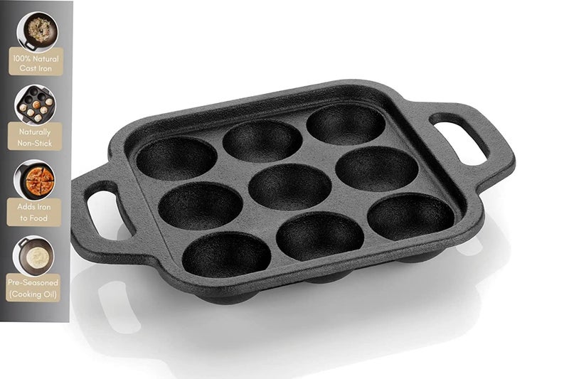 Henny Super Smooth Square Cast Iron Paniyaram Pan Gas Compatible Appam MakerChattyPatra Appe Pan Cookware Naturally NonStick Cookware 9 Pit 25Cm x 18Cm x 8Cm Black Colour - Image 4