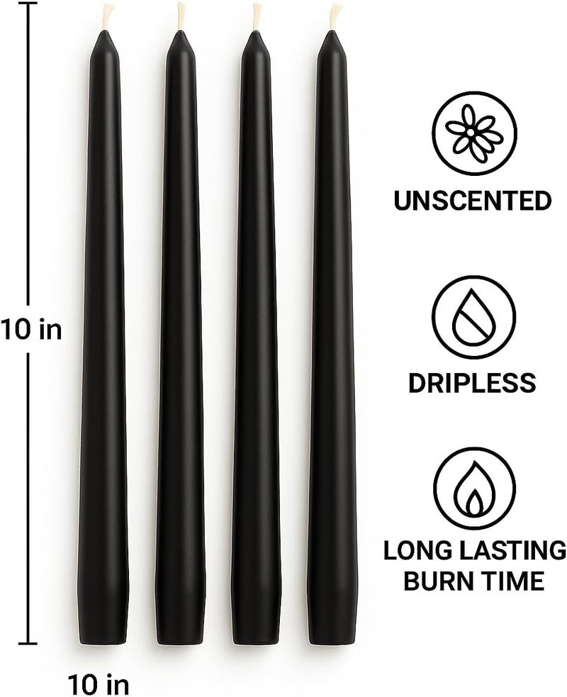 Dinil Black Taper Candles – 10 Inch Tapered Candles Set of 4 – Unscented Taper Candles – Decorative Long Candlesticks for Decoration, Festival, Dinner, Party – Long Burning Time – Black - Image 2