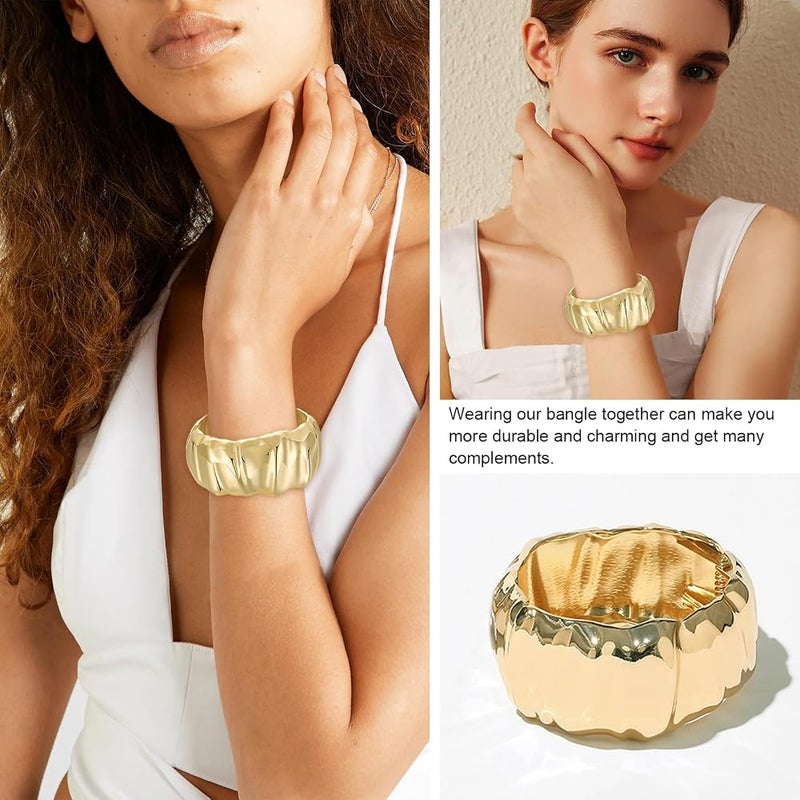 KASTWAVE Gold Bangle Bracelet Wide Hammered Open Cuff for Women, Chunky Statement Wrist Wrap Jewelry, Adjustable 18K Plated Metal - Image 3