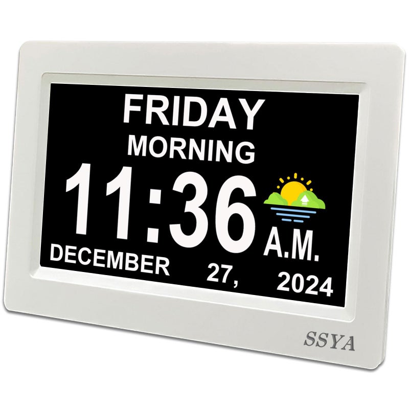 SSYA Digital Calendar Alarm Clock Dementia Clocks for Seniors NonAbbreviated Memory Loss Clock with Date and Time for Elderly White