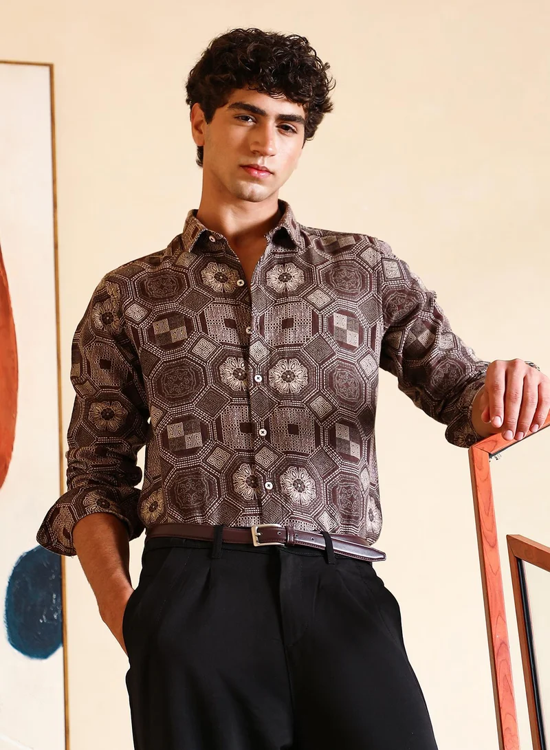 Campus Sutra Men Floral-Kaleidoscopic Shirt | Spread Collar , Long Cuffed Sleeves | Button Closure Curved Hem | Geometric Jacquard | Woven Fabric For Party & Evening Wear | Coffee Brown