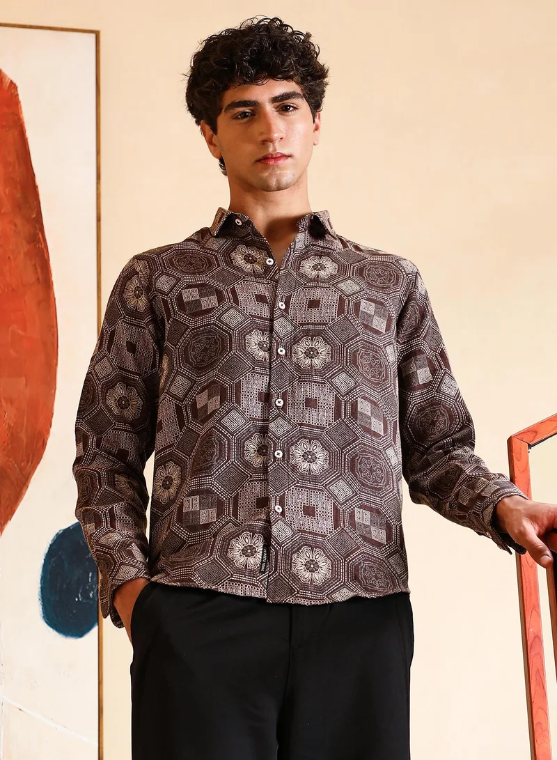 Campus Sutra Men Floral-Kaleidoscopic Shirt | Spread Collar , Long Cuffed Sleeves | Button Closure Curved Hem | Geometric Jacquard | Woven Fabric For Party & Evening Wear | Coffee Brown