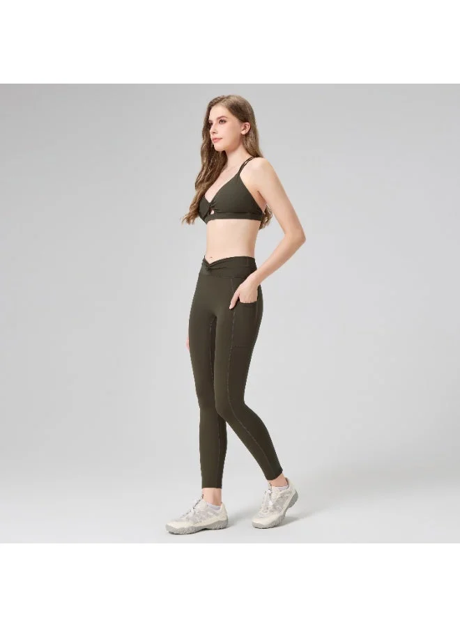 أﻣورﻛس بنطال يوغا نسائي عالي الخصر من AMORXE - تصميم ملتف، تحكم في البطن، جيوب جانبية، بنطال يوغا مطاطي للتمارين الرياضية والجري، لون زيتوني صغير