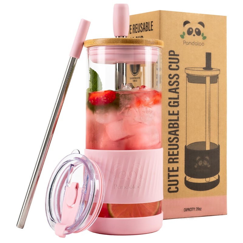 PandalooÂ® Glass Cups With Lids and Straws -20 Fl Oz- Perfect Size Iced Coffee Cup - Smoothie Cup With Bamboo Lid and On the go Lid - Glass Tumbler With Straw (1 Count (Pack of 1), Tender Pink) - Image 1