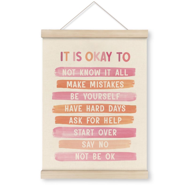 HRQKO It is Okay Pink Boho Poster Hanger Frame, Pink wall decor, Inspirational Posters Wall Art with Wooden Frames, Mental Health Wall Hanging Banner for Therapy Office Girls Room Nursery, 12x16 Inch - Image 1