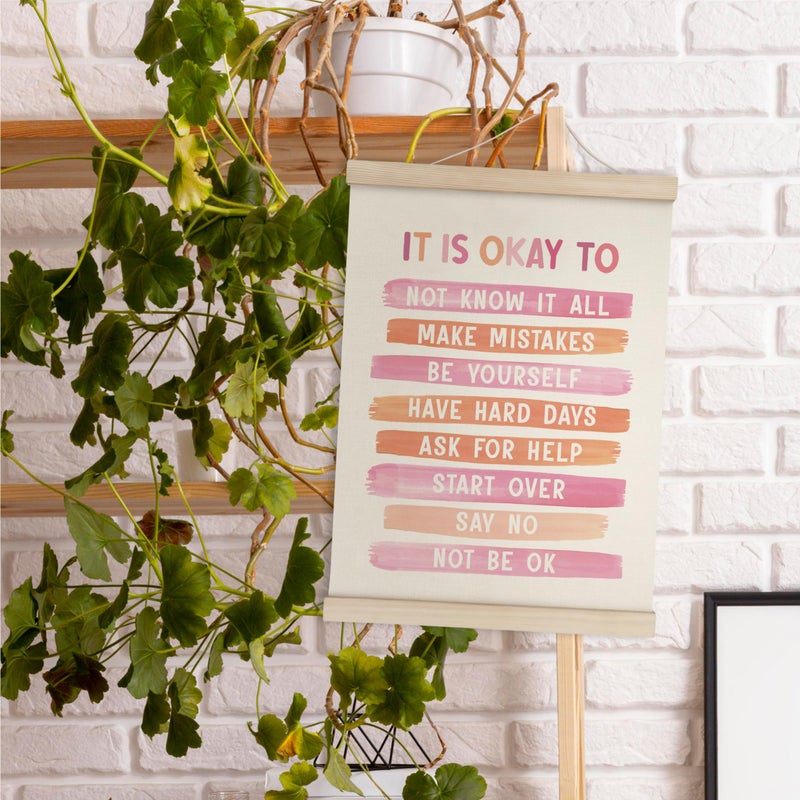 HRQKO It is Okay Pink Boho Poster Hanger Frame, Pink wall decor, Inspirational Posters Wall Art with Wooden Frames, Mental Health Wall Hanging Banner for Therapy Office Girls Room Nursery, 12x16 Inch - Image 3