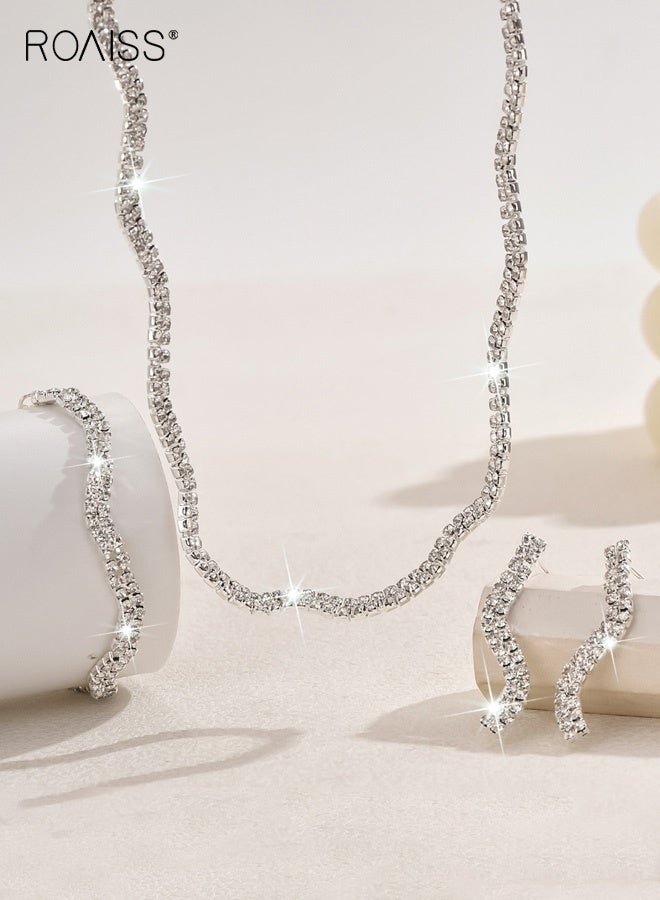 roaiss Women's Fashionable Four Piece Necklace Earrings Bracelet Ring Wedding Jewelry Set Exquisite Irregular Rhinestones in Silver White Sparkle Modern Bridal Luxury Versatile Evening Accessory - Image 4