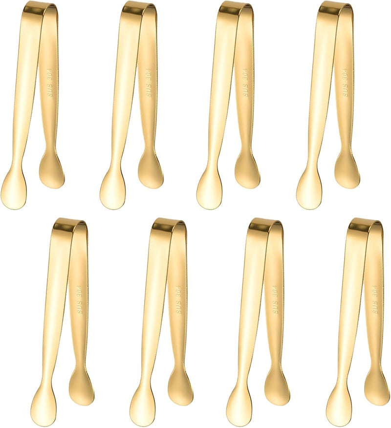 SCORYULE 8PCS Gold Mini Metal Tongs, 4.3" Stainless Steel Tiny Tong, Small Kitchen Accessories for Serving Food, Ice, Sugar Cube, Salad, Toaster, Desserts - Image 1