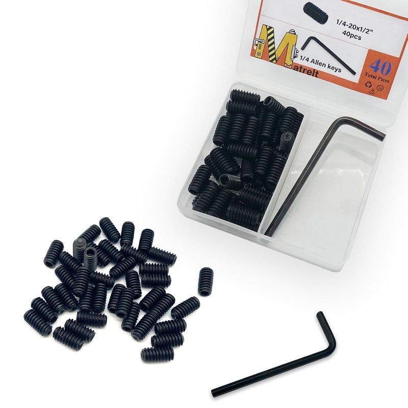 Matrelt 40pcs 1/4-20x1/2 Hex Socket Set Screws Assortment Kit, Black Alloy Cup Point Grub Screw for Bathroom Fixtures Door Handles Stripper Pole Rack Screws Precision Instrument ETS - Image 1