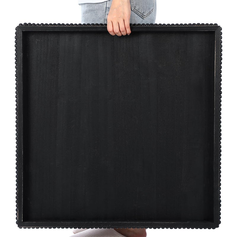 Nuogo Extra Large Square Ottoman Table Tray with Wooden Bead 24 x 24 Inch Washed Wooden Serving Tray Multifunction Decorative Square Ottoman for Coffee Table Platter Room Kitchen Counter (Black) - Image 1
