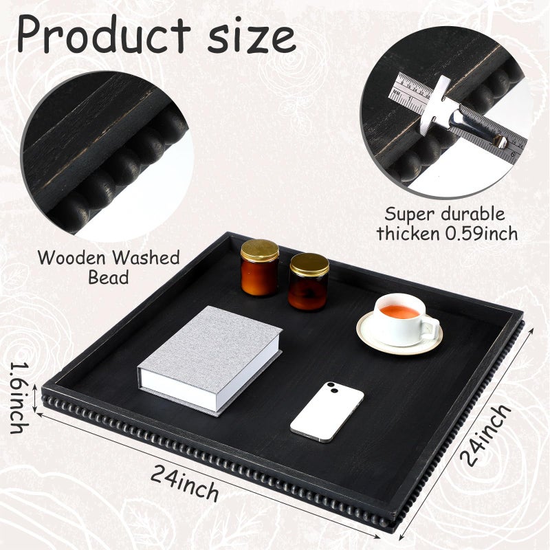Nuogo Extra Large Square Ottoman Table Tray with Wooden Bead 24 x 24 Inch Washed Wooden Serving Tray Multifunction Decorative Square Ottoman for Coffee Table Platter Room Kitchen Counter (Black) - Image 2