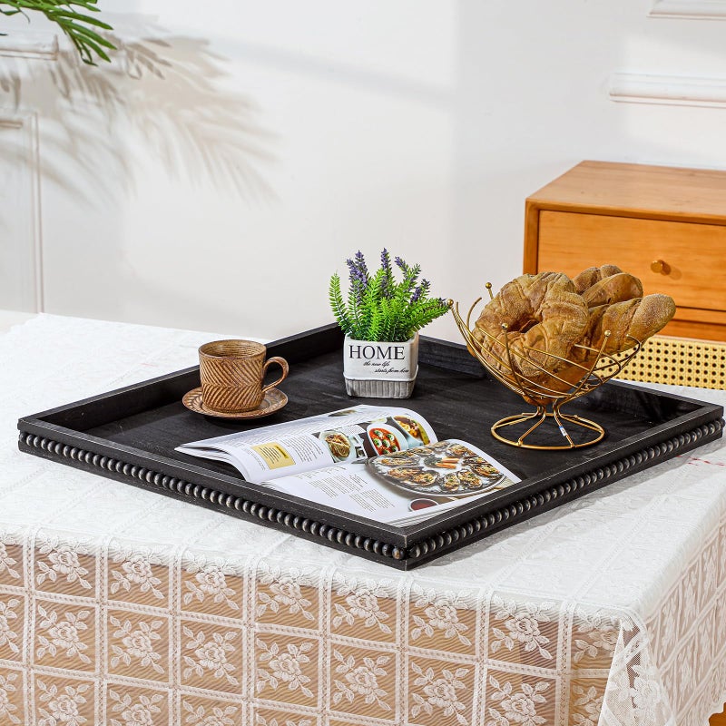 Nuogo Extra Large Square Ottoman Table Tray with Wooden Bead 24 x 24 Inch Washed Wooden Serving Tray Multifunction Decorative Square Ottoman for Coffee Table Platter Room Kitchen Counter (Black) - Image 5