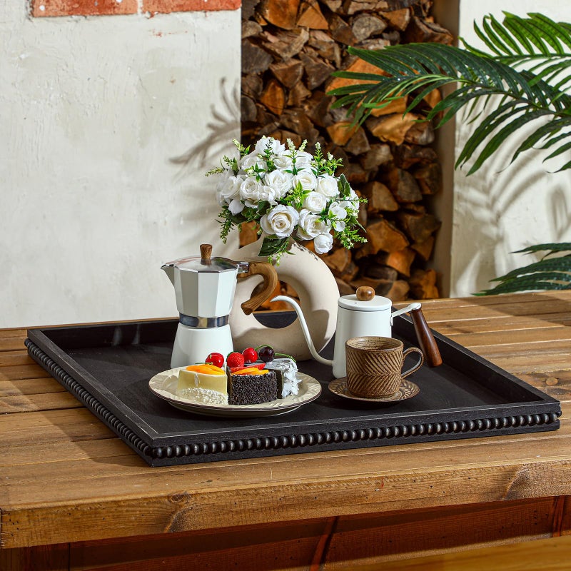 Nuogo Extra Large Square Ottoman Table Tray with Wooden Bead 24 x 24 Inch Washed Wooden Serving Tray Multifunction Decorative Square Ottoman for Coffee Table Platter Room Kitchen Counter (Black) - Image 3