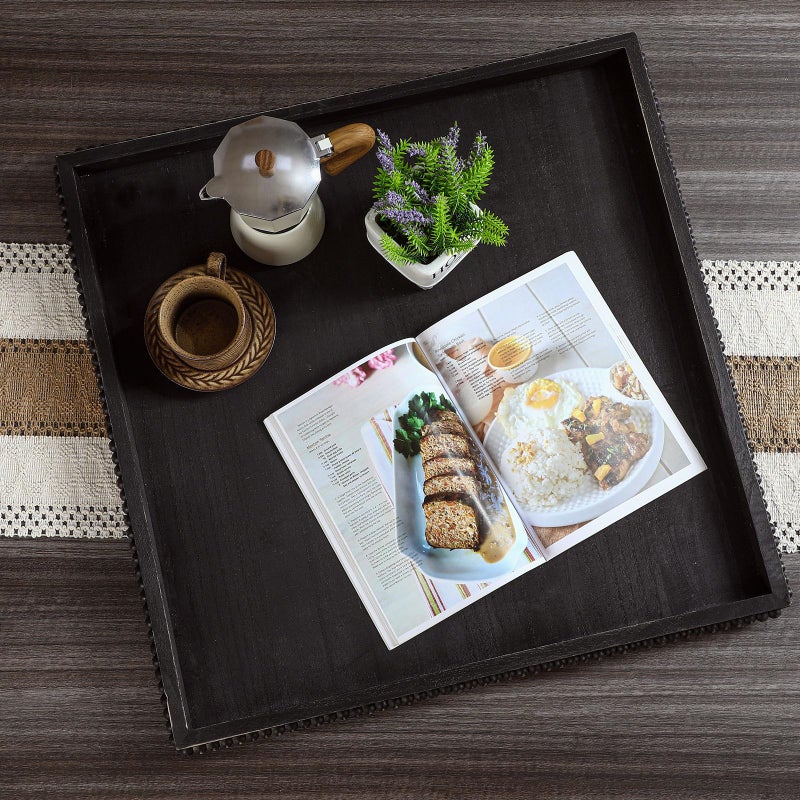 Nuogo Extra Large Square Ottoman Table Tray with Wooden Bead 24 x 24 Inch Washed Wooden Serving Tray Multifunction Decorative Square Ottoman for Coffee Table Platter Room Kitchen Counter (Black) - Image 4