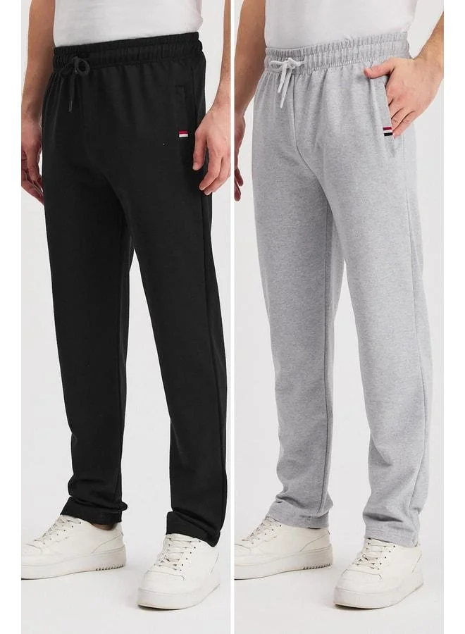 Grey-Navy Men's Zip-Up Pocket Embroidered Detail Straight Leg Relaxed Fit Daily 2-Pack Sweatpants