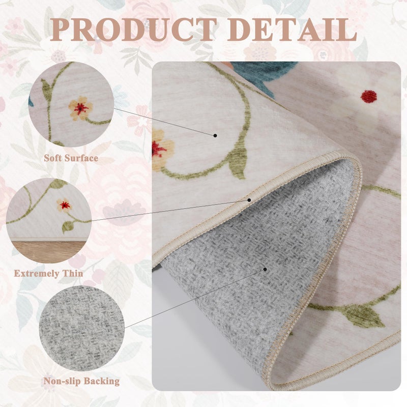 DUKINO 4x6 Feet Office Chair Mat, Lightweight Non Slip Washable Floral Area Rug, Indoor Low Pile & Non-Shedding Boho Design Rugs for Bedroom, Living Room, Dining Room, Beige - Image 5