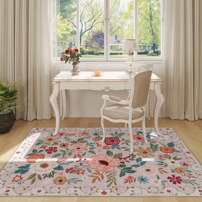 DUKINO 4x6 Feet Office Chair Mat, Lightweight Non Slip Washable Floral Area Rug, Indoor Low Pile & Non-Shedding Boho Design Rugs for Bedroom, Living Room, Dining Room, Beige - Image 2