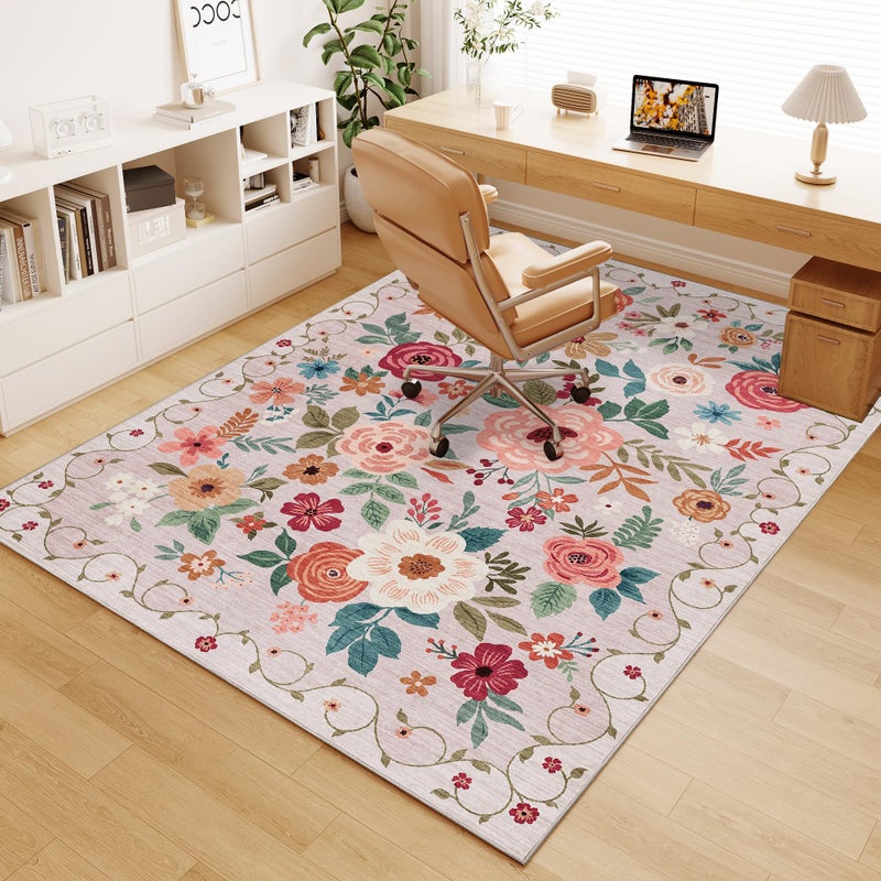 DUKINO 4x6 Feet Office Chair Mat, Lightweight Non Slip Washable Floral Area Rug, Indoor Low Pile & Non-Shedding Boho Design Rugs for Bedroom, Living Room, Dining Room, Beige - Image 1