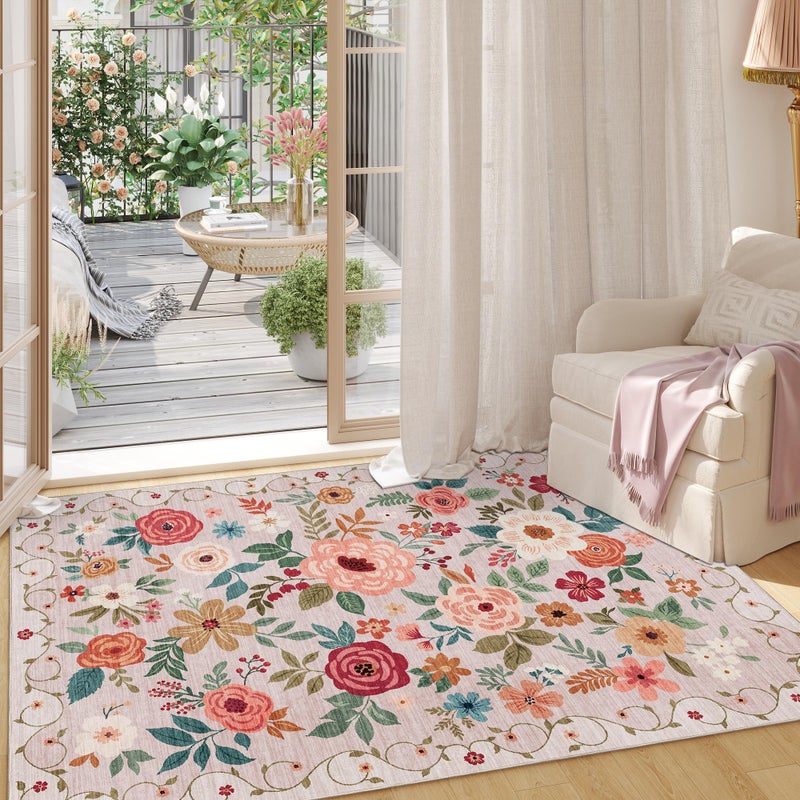 DUKINO 4x6 Feet Office Chair Mat, Lightweight Non Slip Washable Floral Area Rug, Indoor Low Pile & Non-Shedding Boho Design Rugs for Bedroom, Living Room, Dining Room, Beige - Image 4