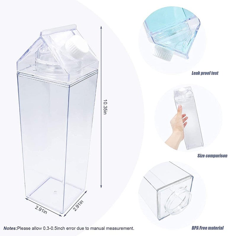 FveBzem Milk Carton Water Bottle 33oz (1000mL) Plastic Square Milk Bottles No BPA Leakproof Water Bottle Portable Reusable Milk Carton Shaped Juice Bottle Perfect for Fitness Gym Camping Sports - Image 2