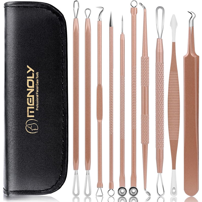 Pimple Popper Tool Kit MENOLY 10 Pcs Blackhead Remover Comedone Extractor Acne Removal Kit for Blemish Whitehead PoppingZit Removing for Nose Face Tools with a Leather Bag Rose Gold
