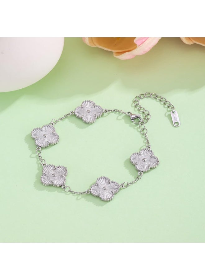 Julia Store 18K White Gold Plated Stainless Steel Aesthetic Exquisite Luxury Elegant Dainty Cute Trendy Delicate Modern Lucky Four Leaf Link Clover Bracelet Jewelry Gifts for Women - Image 2