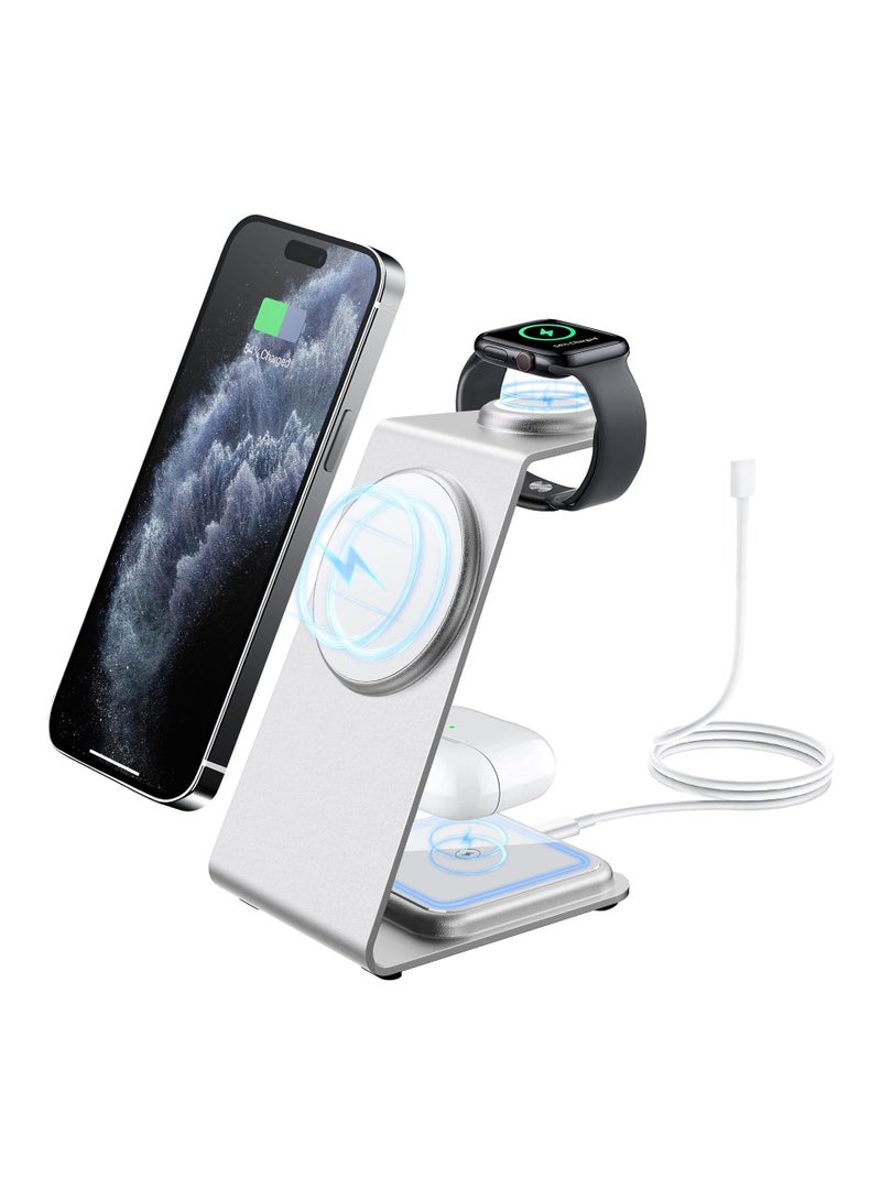 SYOSI 3 in 1 Wireless Charging Station, SYOSI Magnetic Aluminum Alloy Wireless Charger for iPhone 14/13/12 Series, Fast Charging Stand for Multiple Devices Apple Watch and AirPods (White) - Image 1