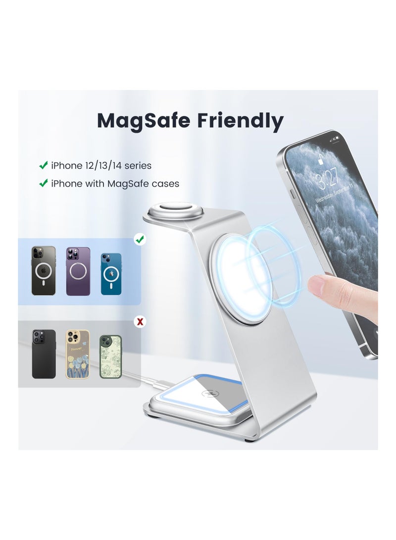 SYOSI 3 in 1 Wireless Charging Station, SYOSI Magnetic Aluminum Alloy Wireless Charger for iPhone 14/13/12 Series, Fast Charging Stand for Multiple Devices Apple Watch and AirPods (White) - Image 3