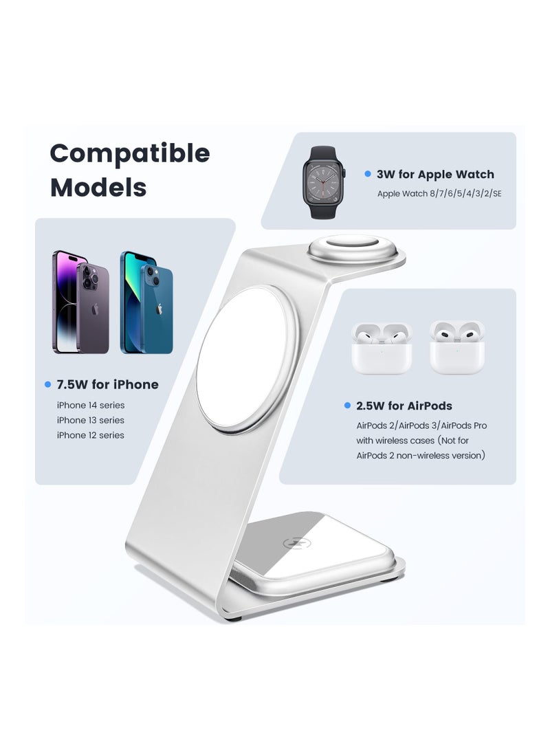 SYOSI 3 in 1 Wireless Charging Station, SYOSI Magnetic Aluminum Alloy Wireless Charger for iPhone 14/13/12 Series, Fast Charging Stand for Multiple Devices Apple Watch and AirPods (White) - Image 2