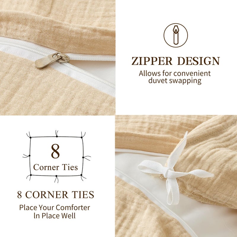 MEISHANG Muslin Duvet Cover King Size - 100% Organic Cotton, Soft Textured Gauze Weave Duvet Cover for Breathable All-Season Oeko-Tex Certified - 3 Piece Set (King, Linen) - Image 5