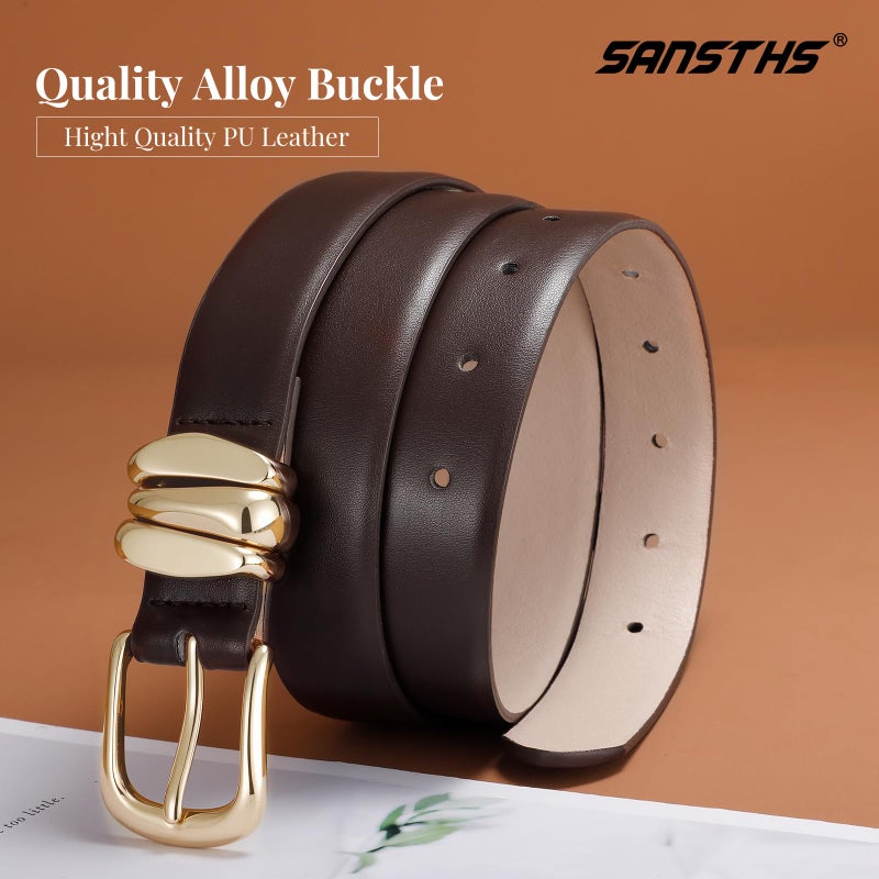 SANSTHS Womens Belt with Statement Triple Gold Keeper Loops, Stylish Ladies Waist Belt for Jeans Dresses Formal Wear, Coffee XS - Image 3