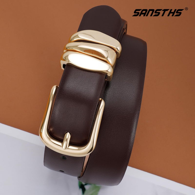 SANSTHS Womens Belt with Statement Triple Gold Keeper Loops, Stylish Ladies Waist Belt for Jeans Dresses Formal Wear, Coffee XS - Image 2