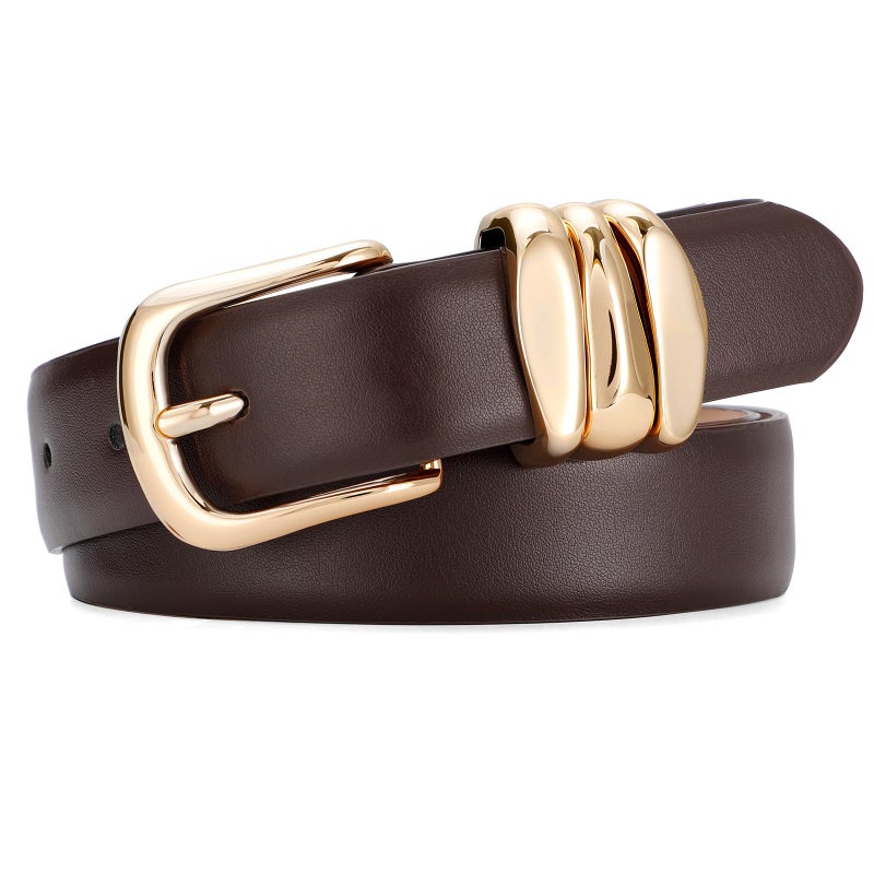 SANSTHS Womens Belt with Statement Triple Gold Keeper Loops, Stylish Ladies Waist Belt for Jeans Dresses Formal Wear, Coffee XS - Image 1