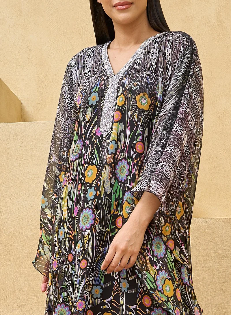 Couturelabs Black Multicolored Printed House Kaftan Maxi Dress